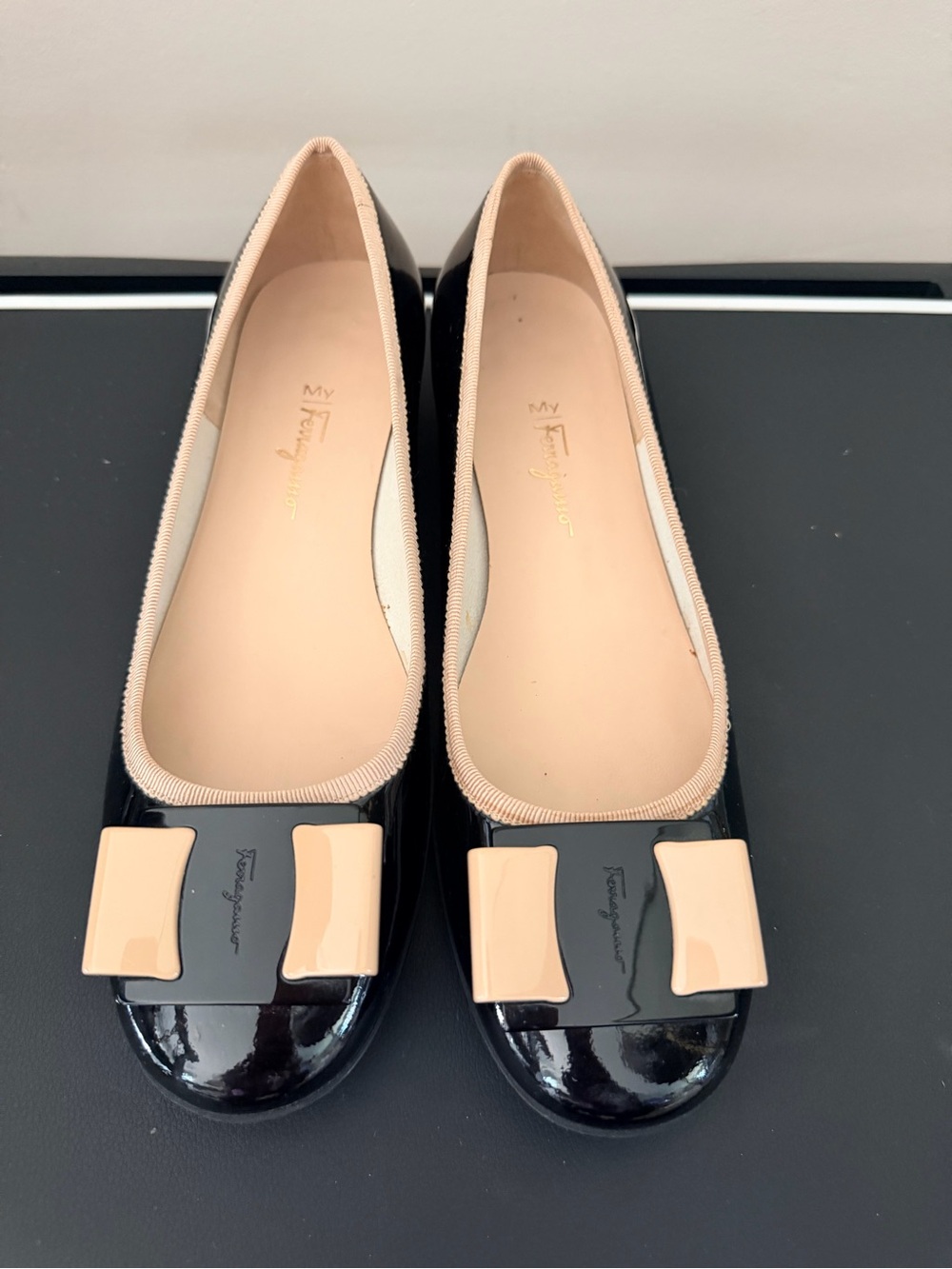 Salvatore Ferragamo Black Patent Ballet Flats with Nude Bow Accents